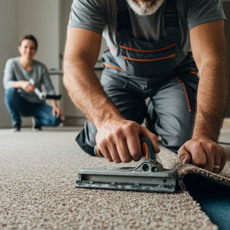 a contractor installing carpet on installation day Contractor installing carpet | Best Buy Interior Finishes